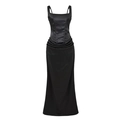 Elegante abito lungo a corsetto in raso nero con spalline sottili e gonna fluida chic - S / Nero