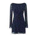 Abito corto attillato in mesh blu navy con motivi floreali floccati e maniche a campana - Taglia S / Blu scuro