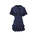 Robe élégante bleu foncé avec col Claudine et détails à volants pour femmes - S / Bleu Marine