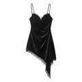 Elegante abito sottoveste in velluto nero con pizzo e orlo asimmetrico irregolare - XS / Nero