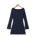Detail of navy blue mini dress with flocked floral mesh and flared sleeve edge - Navy Blue