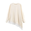 Schicke cremefarbene Satinbluse mit langen Ärmeln, asymmetrischem Spitzensaum und Rundhals - XS / Beige