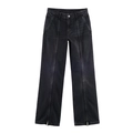 Black wide-leg denim pants featuring front seam details and metal zipper hems on white background - XS / Black and Gray