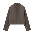 Women's 2025 winter casual loose zip-up fleece jacket in solid dark brown with stand collar - S / Dark Brown