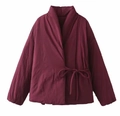 Detail of burgundy kimono-style padded jacket with overlap collar and side drawstring tie - XS / Burgundy