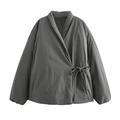 Women's dark gray quilted kimono jacket with adjustable waist tie and loose fit - XS / Dark Gray