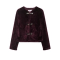 Détail d'une veste en fausse fourrure violet foncé avec col rond et boucles en cuir - XS / Rouge Foncé