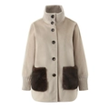 Eleganter beiger Wollmantel mit Strickkragen und braunen Plüsch-Eingrifftaschen für Damen - S / Khaki