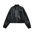 Detail der schwarzen PU-Lederjacke mit klassischem Reverskragen und Metallreißverschluss - XS / Schwarz