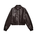 Detailansicht der dunkelbraunen PU-Lederjacke mit Metallreißverschluss und Kragen - XS / Braun