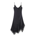Elegante zwarte satijnen slipdress met kant en een gedrapeerde halslijn voor een chic look - XS / Zwart