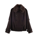 Elegante donkerbruine wollen jas met dubbele rij knoppen, bontkraag en elastische zoom - XS / Donker koffiebruin