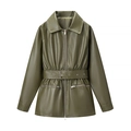 Giacca biker verde oliva in finta pelle con colletto a revers e cintura in vita - S / Verde