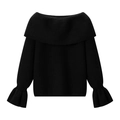 Detail view of black knit sweater featuring wide lapel and vertical ribbed texture design - One Size / Black