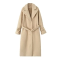 Damen Teddy-Fellmantel in Apricot, Langschnitt, zweireihig geknöpft mit Gürtel - S / Gebrochenes Weiß
