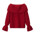 Detail of red off-shoulder knit sweater showing flared bell sleeves and ribbed texture - One Size / Red