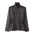 Détail de veste à carreaux gris avec épaulettes, col montant et taille élastique - S / Hauts