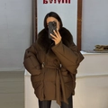 Deep brown winter coat featuring a luxurious large fur collar and adjustable waist belt - S / Tops / Brown