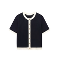 Dames gebreide set donkerblauw vest met korte mouwen, witte bies en gouden knopen - S / Tops