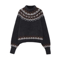 Maglione grigio scuro in maglia con motivo geometrico Fair Isle su collo e polsini - S / Grigio Scuro Jacquard