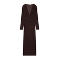 Elegant deep chocolate V-neck long sleeve maxi dress with stylish waist ruching details - S / Red Brown