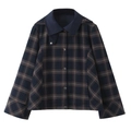 Detail view of plaid jacket featuring contrast navy collar and metallic snap buttons - XS / Tops