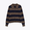 Retro loose striped knit sweater with polo collar and buttons for autumn style - S / Navy And Brown Striped