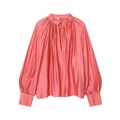 Detail view of coral pink V-neck shirt with pleated lantern sleeves and soft fabric texture - XS / Peach