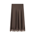 Elegante donkerbruine satijnen midi-rok voor dames met een verfijnde kanten zoom - XS / Bruin