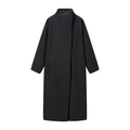 Elegant women's minimalist black wool coat featuring a stand collar and loose silhouette - S / Black