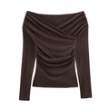 Women's dark brown off-shoulder long sleeve top with elegant pleated neckline design - S / Brown
