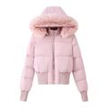 Damen Steppjacke in Rosa mit Kunstfellkapuze und Rippbündchen mit Daumenlöchern - S / Rosa