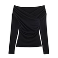 Women's chic black long sleeve top featuring an elegant off-shoulder V-neck with draped pleats - S / Black