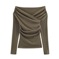 Elegant olive green long sleeve off-the-shoulder top with stylish cross-pleated neckline - S / Green
