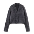 Deep grey fluffy knit cardigan featuring a V-neck and black buttons in a relaxed fit - S / Gray