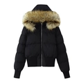 Damen Kurzjacke in Schwarz mit brauner Kunstpelzkapuze und Rippstrickbündchen - S / Schwarz