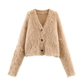 Chic camel faux fur cardigan with V-neck and three buttons for winter casual wear - S / Khaki