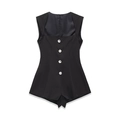 Women's black sleeveless romper with square neck and crystal decorative buttons - S / Black