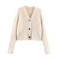 Women's cream white v-neck plush knit cardigan with black buttons in a relaxed fit - S / Off White