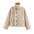 Giacca reversibile beige da donna con rifiniture in lana d'agnello e collo alto caldo - XS / Cachi
