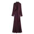 Elegantes bordeauxrotes Satin-Maxikleid mit langen Ärmeln, V-Ausschnitt und Schalkragen - XS / Burgunderrot
