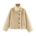 Giacca reversibile da donna in finta pelliccia beige con collo alto e bottoni marroni - XS / Beige