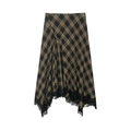 Geruite midi-rok met asymmetrische zoom en delicate zwarte kanten afwerking - XS / Bruin & Zwart Geruit