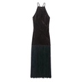 Robe longue élégante en velours à licou avec franges noires et textures en diagonale pour soirée - XS / Café