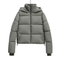 Dettaglio piumino grigio-verde con cappuccio, coulisse regolabile e polsini elasticizzati - XS / verde-grigio