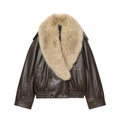 Vintage oversized damesjas van PU-leer met grote bontkraag in donkerbruin - S / Donkerbruin