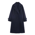 Classic dark blue long wool blend coat with double-breasted buttons and notched lapels - Navy Blue