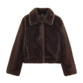 Women's dark brown faux fur jacket with classic collar in a loose fit casual design - S / Dark Brown