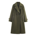 Olive green double-breasted long wool coat with notched lapels and large patch pockets - Army Green