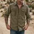 Detail of army green cotton linen utility shirt featuring chest pockets and zip accents - Army Green